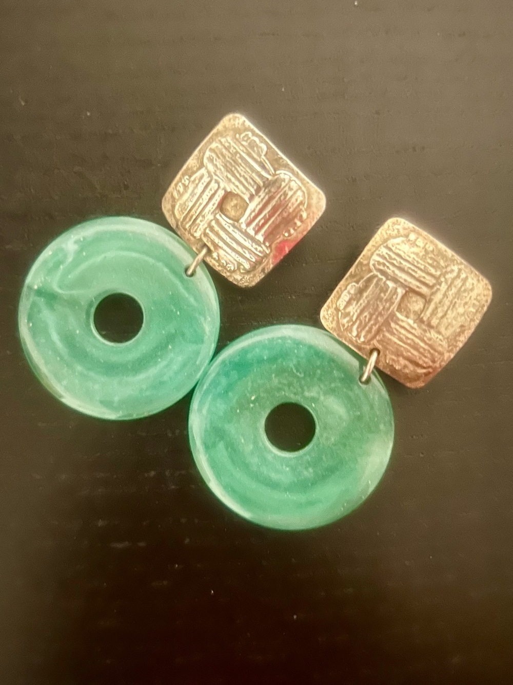 Marjorie Baer Green Donut Stone Drop Earrings w/Textured Square Silver-tone Post